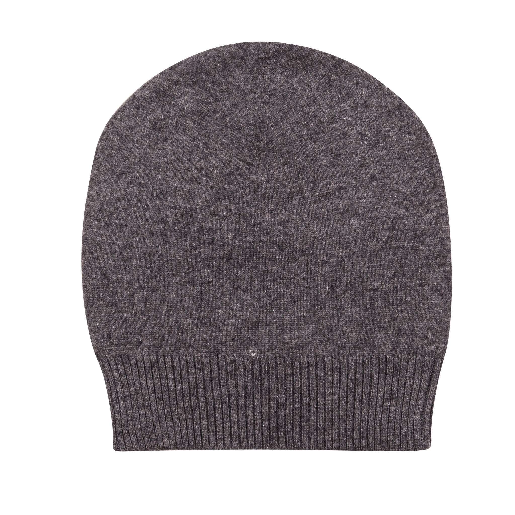 Eine dunkelgraue Kaschmirmütze im Beanie-Stil ist abgebildet, glatt gestrickt mit einem gerippten Umschlag am unteren Rand.