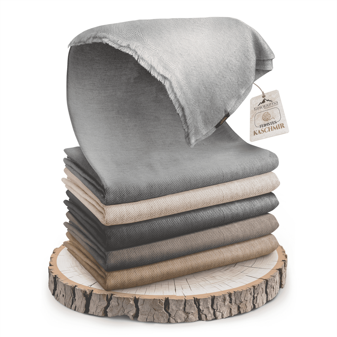 Coperta in cashmere grigio chiaro con pregiato motivo a spina di pesce