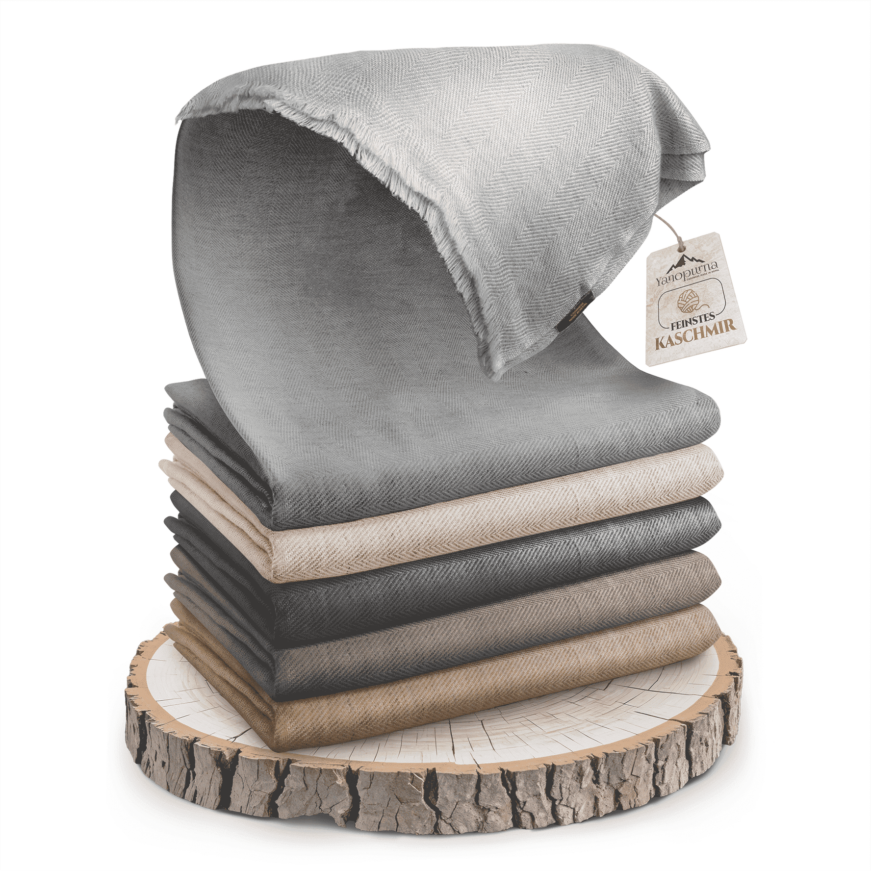 Coperta in cashmere grigio chiaro con pregiato motivo a spina di pesce