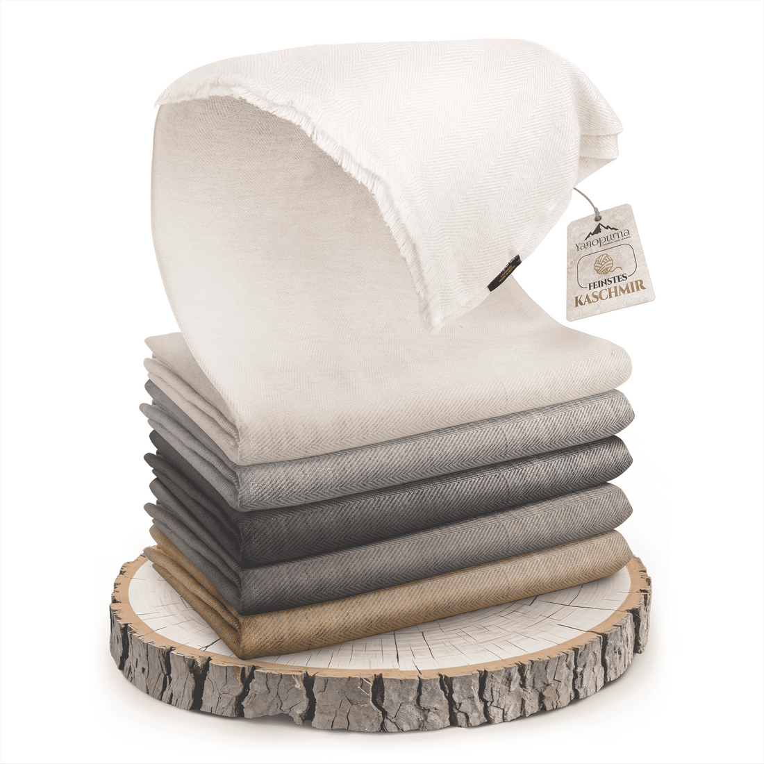Coperta in cashmere beige con pregiato motivo a spina di pesce