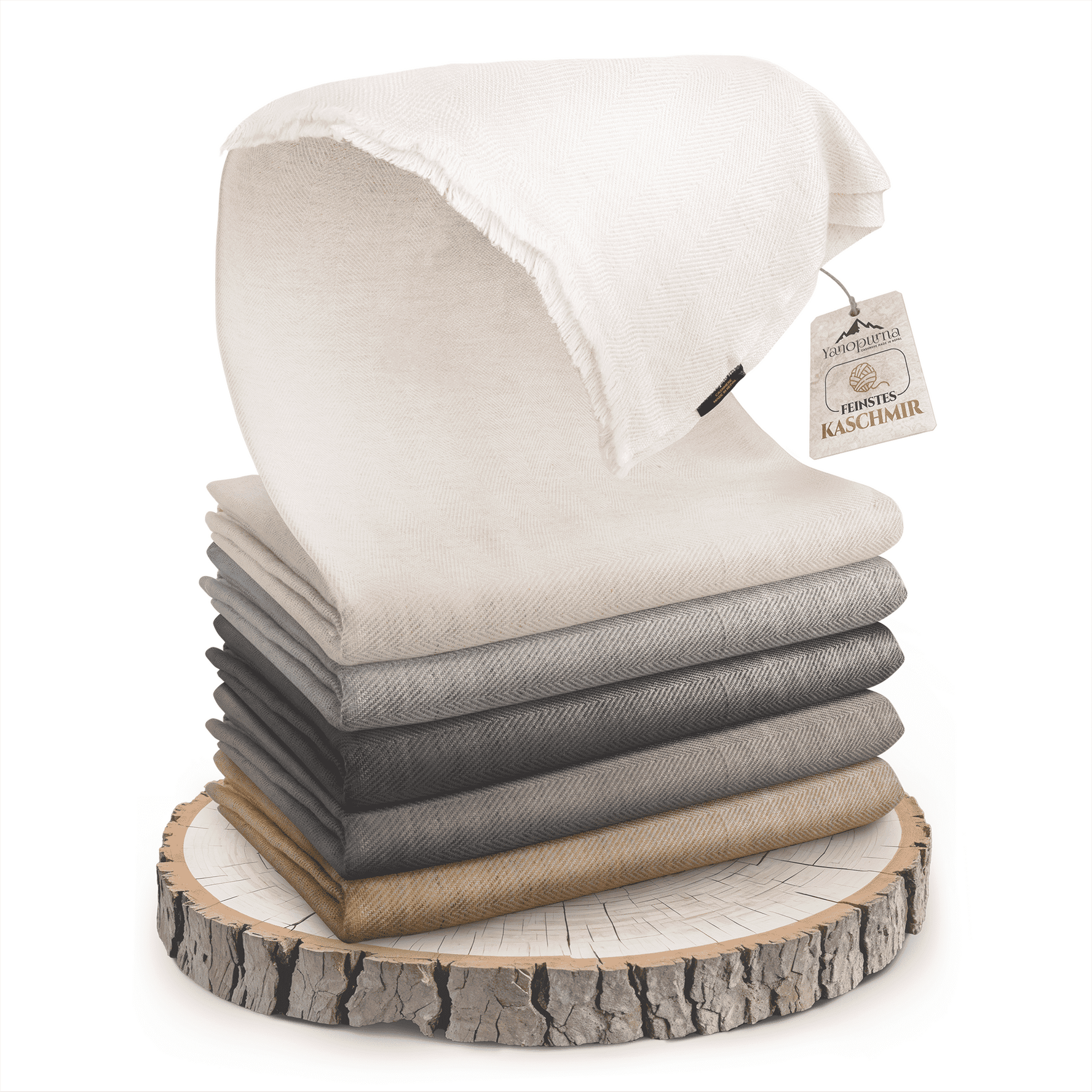 Coperta in cashmere beige con pregiato motivo a spina di pesce