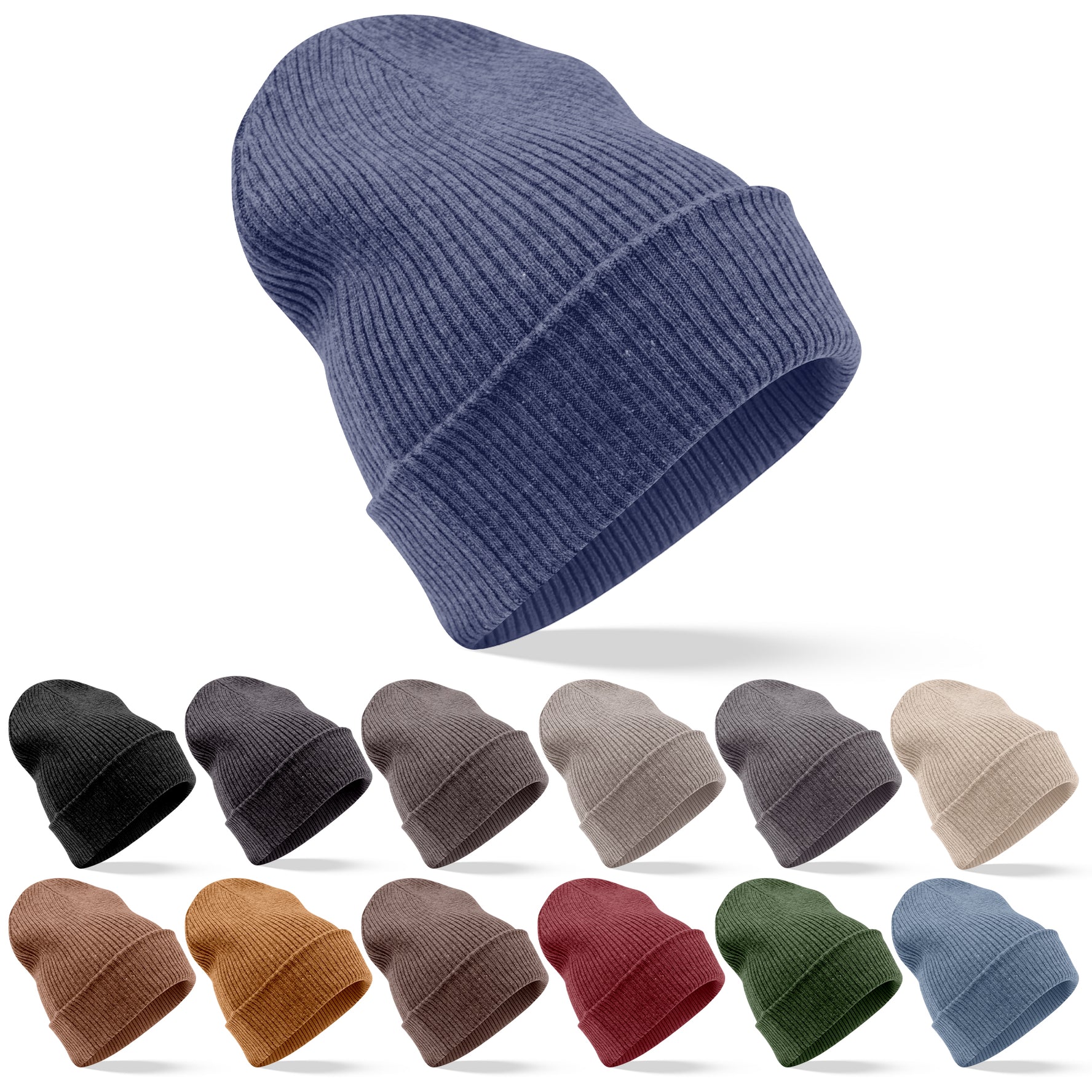Cappello berretto in cashmere a coste con risvolto blu scuro 