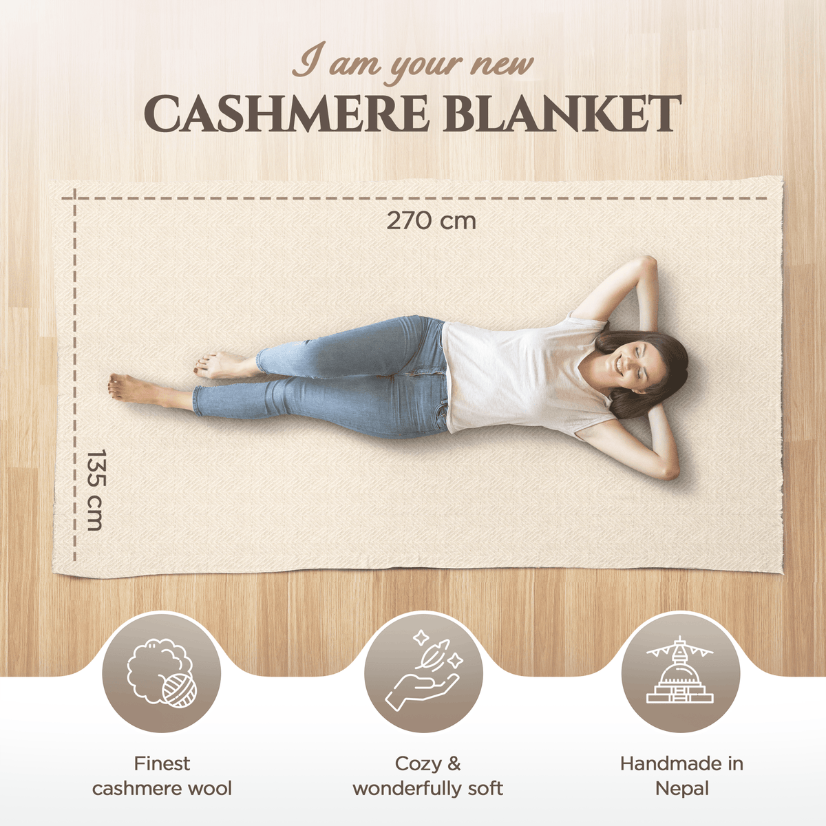 Coperta in cashmere bianca con motivo a grande spina di pesce