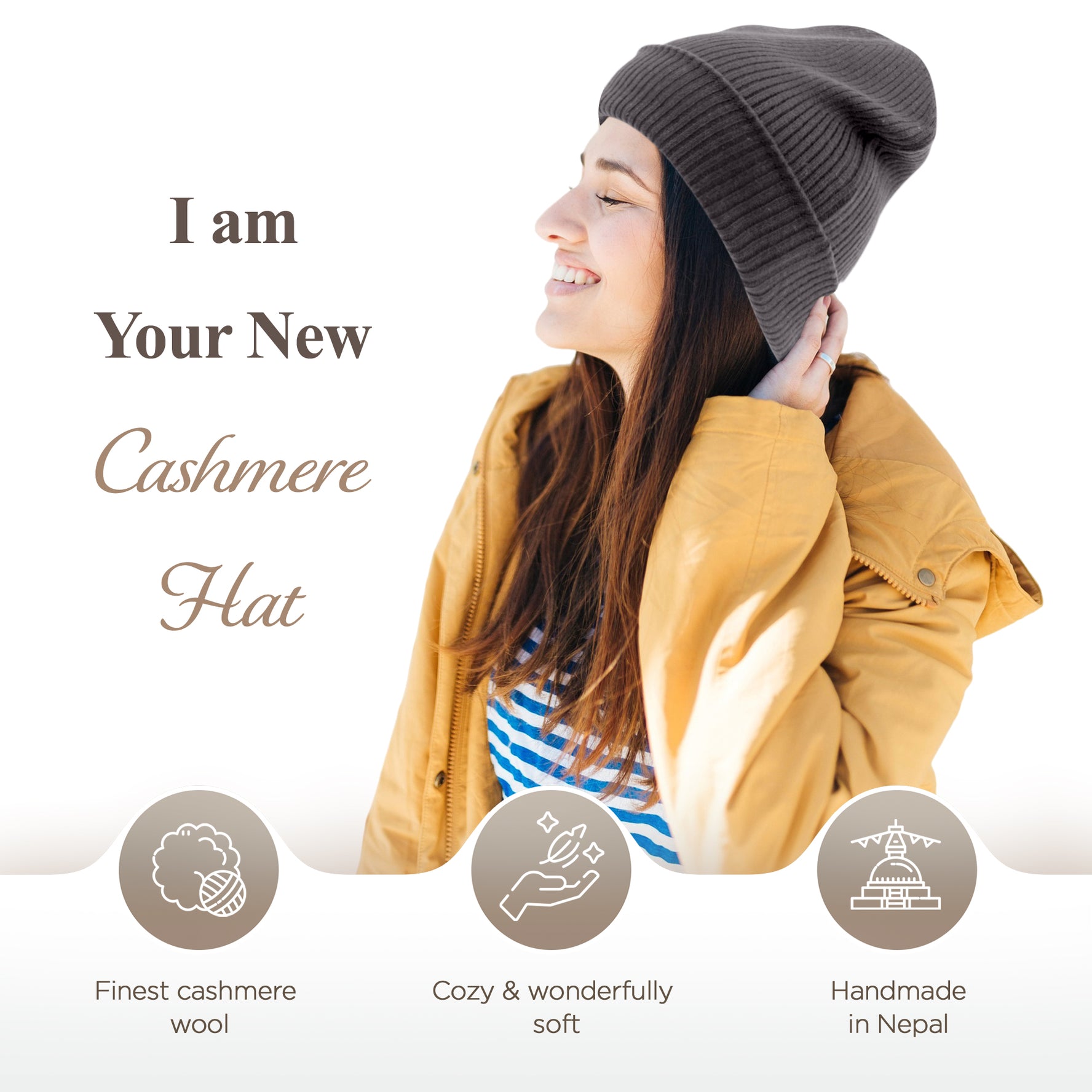 Cappello in cashmere a coste con polsino nero grigio 