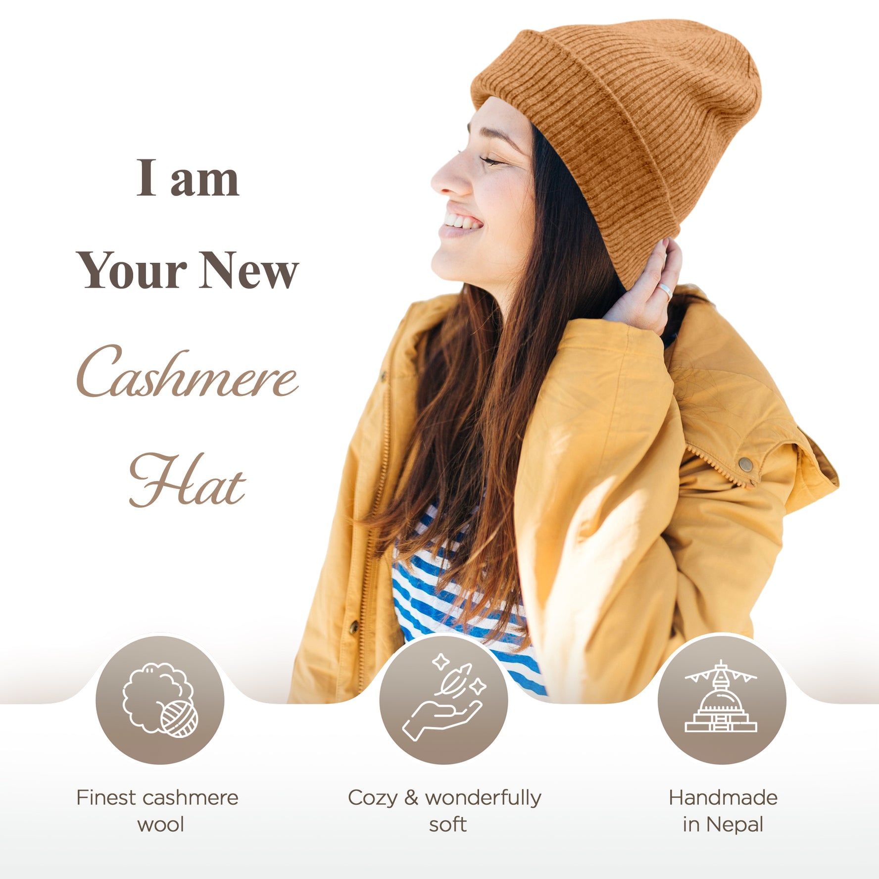 Berretto in cashmere a coste con risvolto - marrone chiaro 