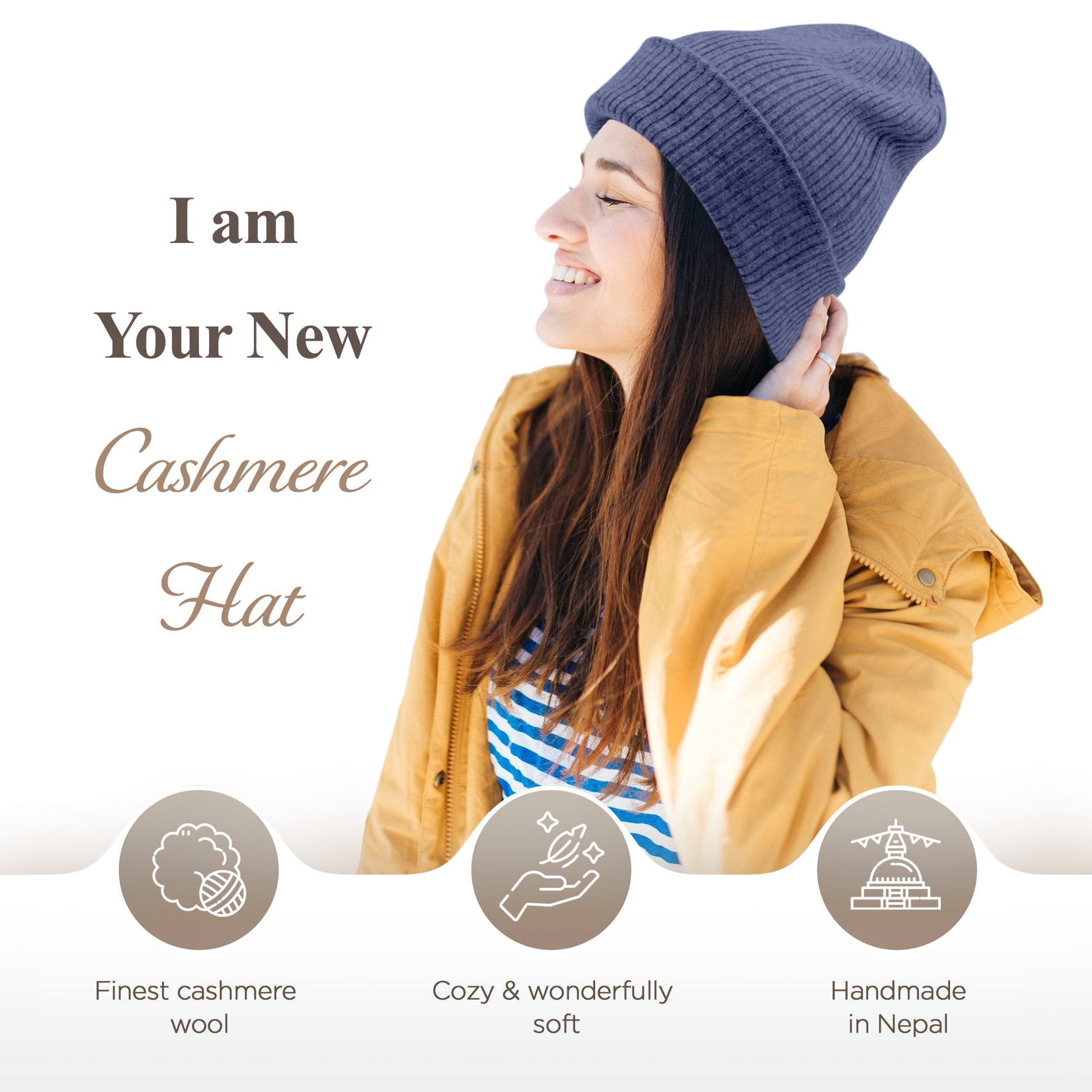 Cappello berretto in cashmere a coste con risvolto blu scuro 