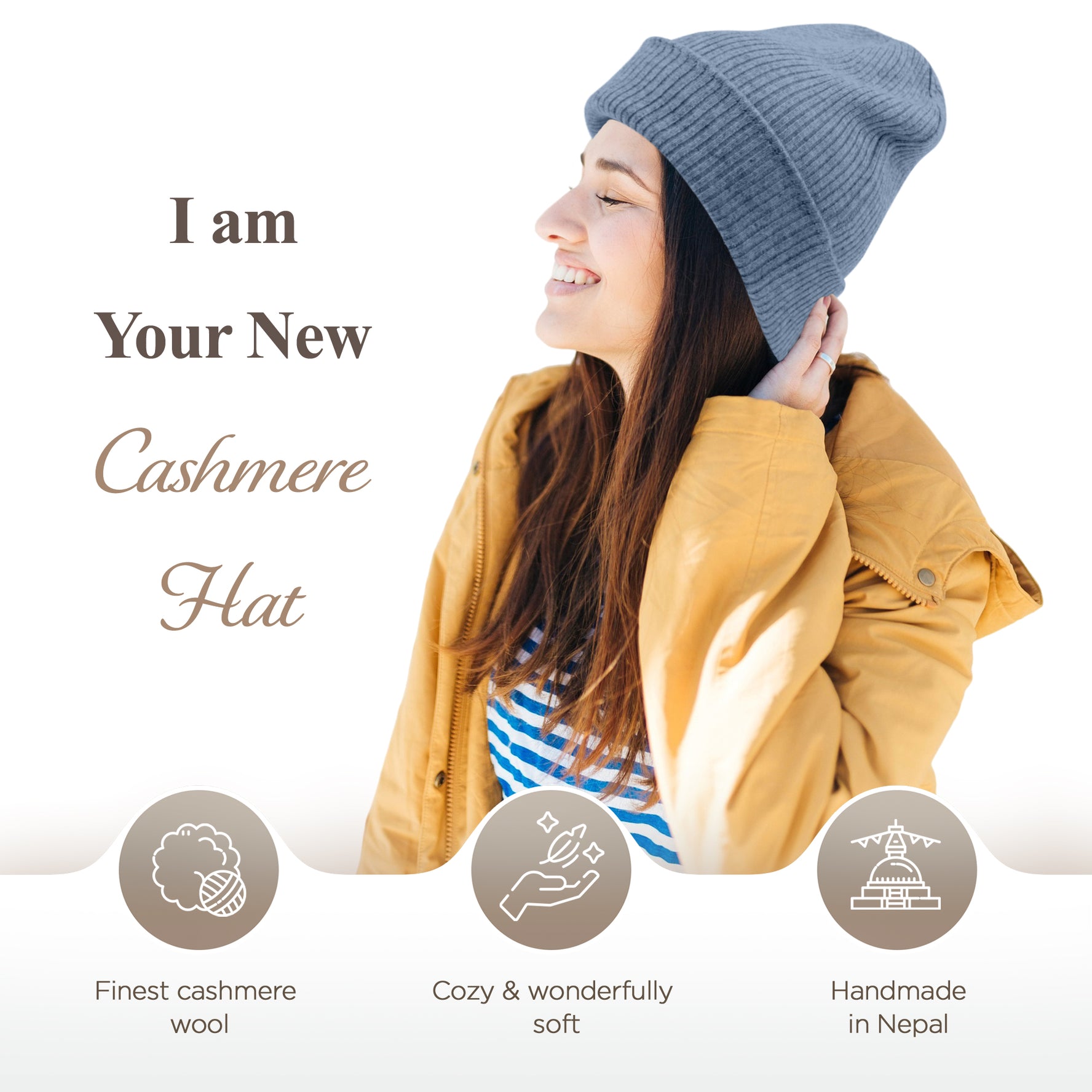 Cappello in cashmere a coste con risvolto blu 