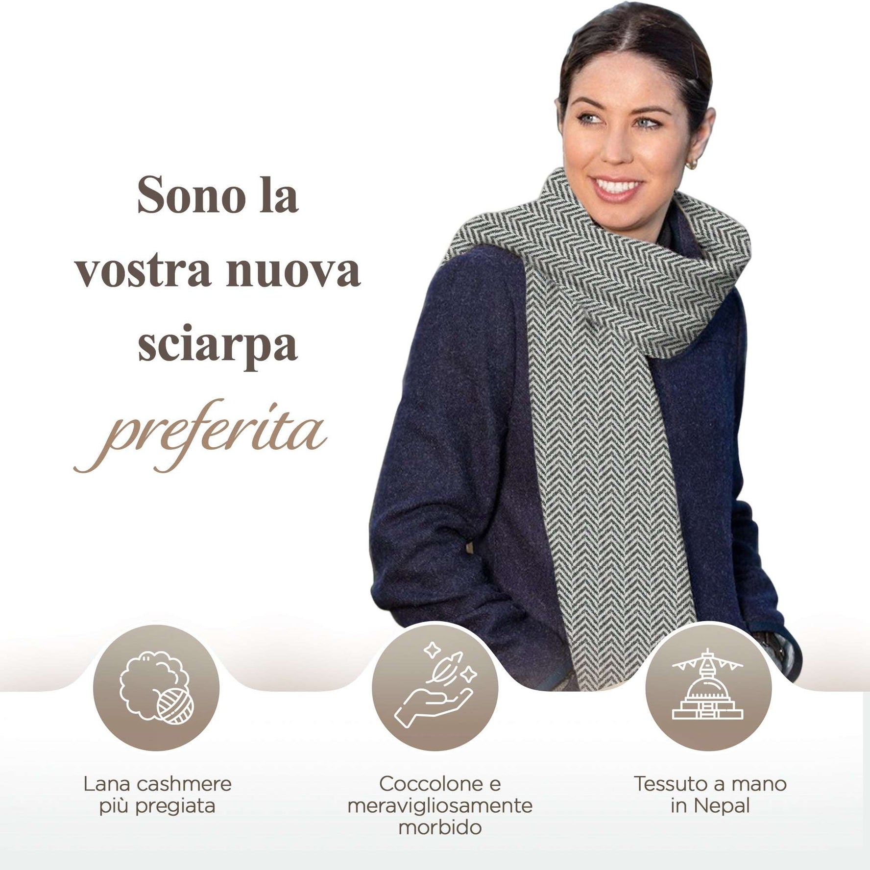 Sciarpa in cashmere grigia con motivo a piccola spina di pesce