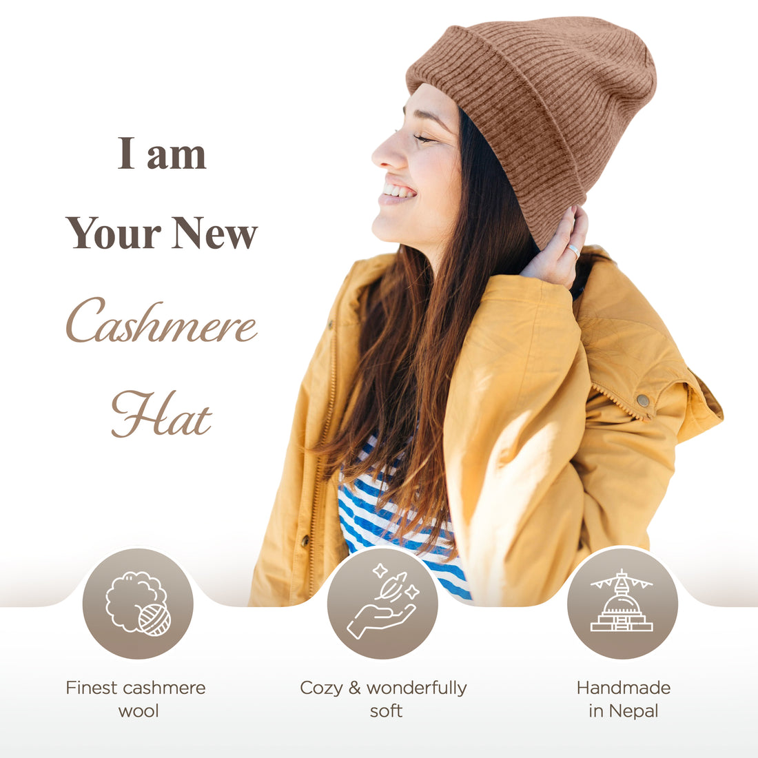 Cappello berretto in cashmere a coste con risvolto marrone 