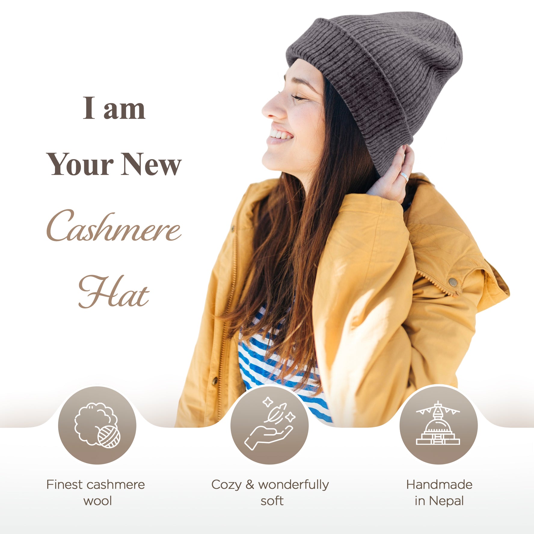 Berretto in cashmere a coste con risvolto - grigio scuro 