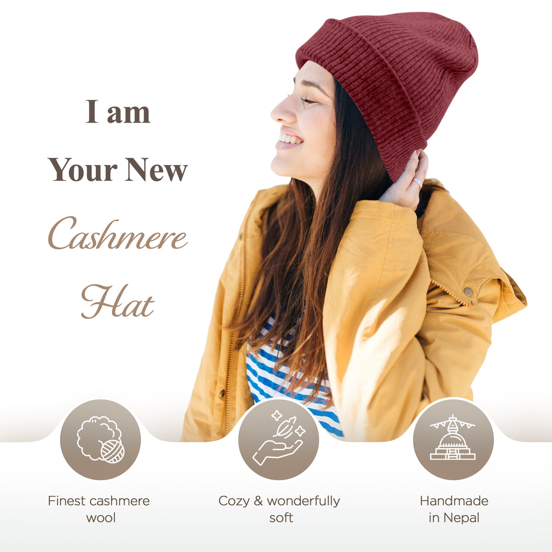 Berretto in cashmere a coste con risvolto - rosso scuro 