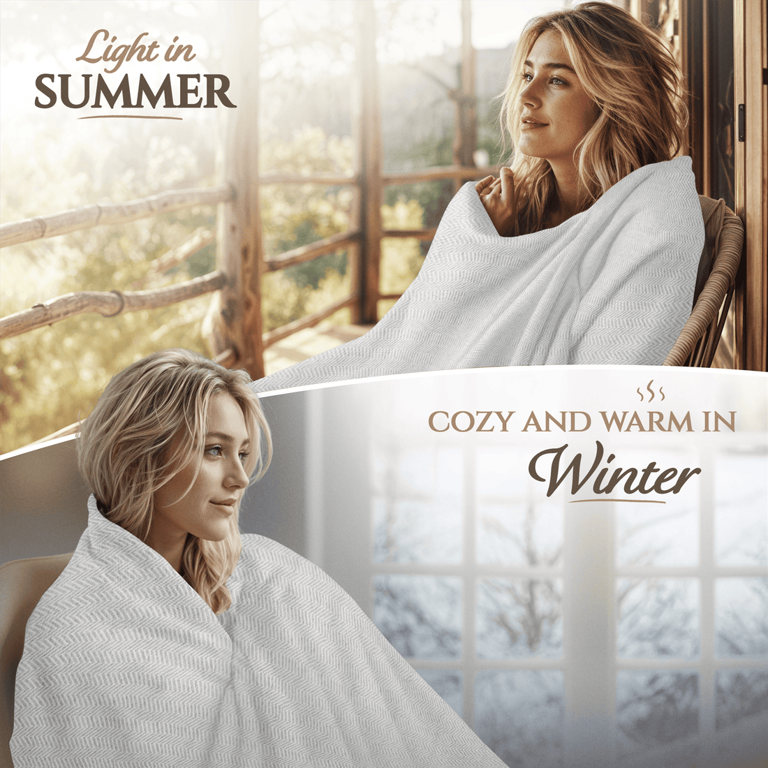Coperta in cashmere grigio con motivo a grande spina di pesce