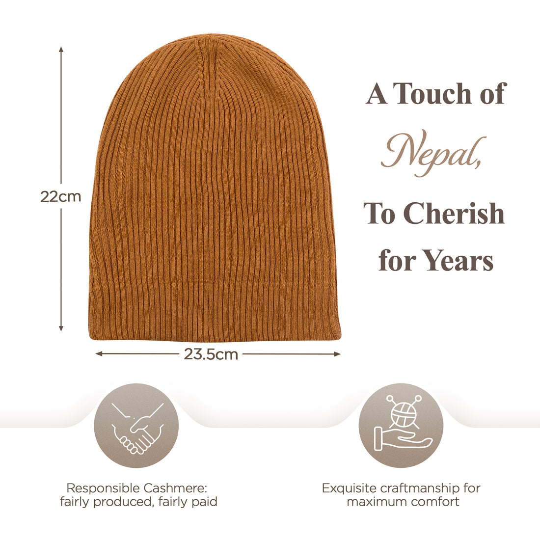 Berretto in cashmere a coste con risvolto - marrone chiaro 