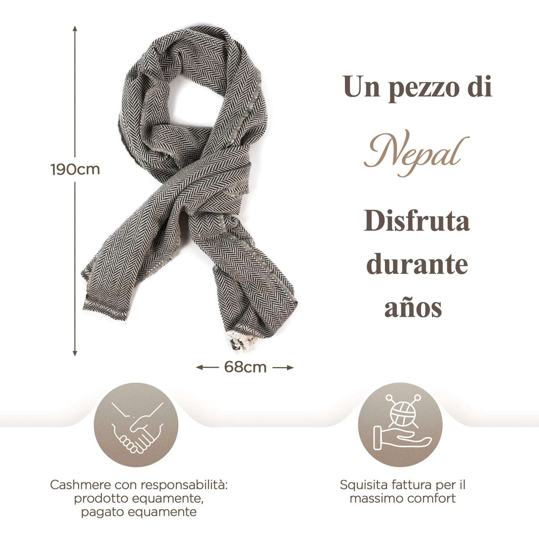 Sciarpa in cashmere grigia con motivo a piccola spina di pesce