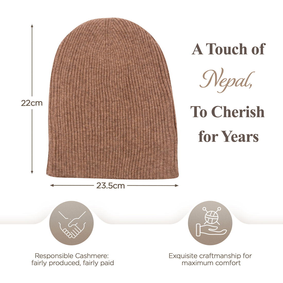 Cappello berretto in cashmere a coste con risvolto marrone 