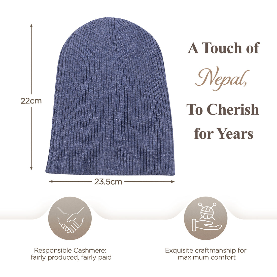 Cappello berretto in cashmere a coste con risvolto blu scuro 
