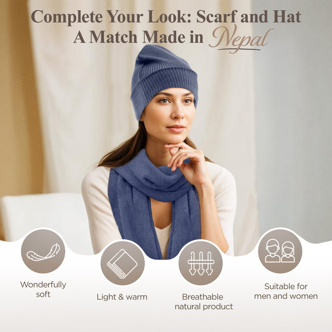 Cappello berretto in cashmere a coste con risvolto blu scuro 