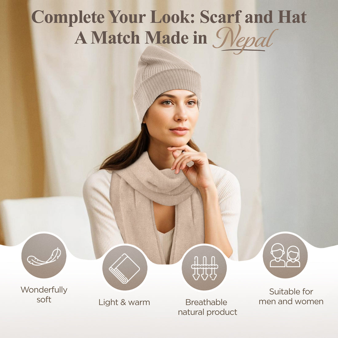 Berretto in cashmere a coste con risvolto - bianco grigio 