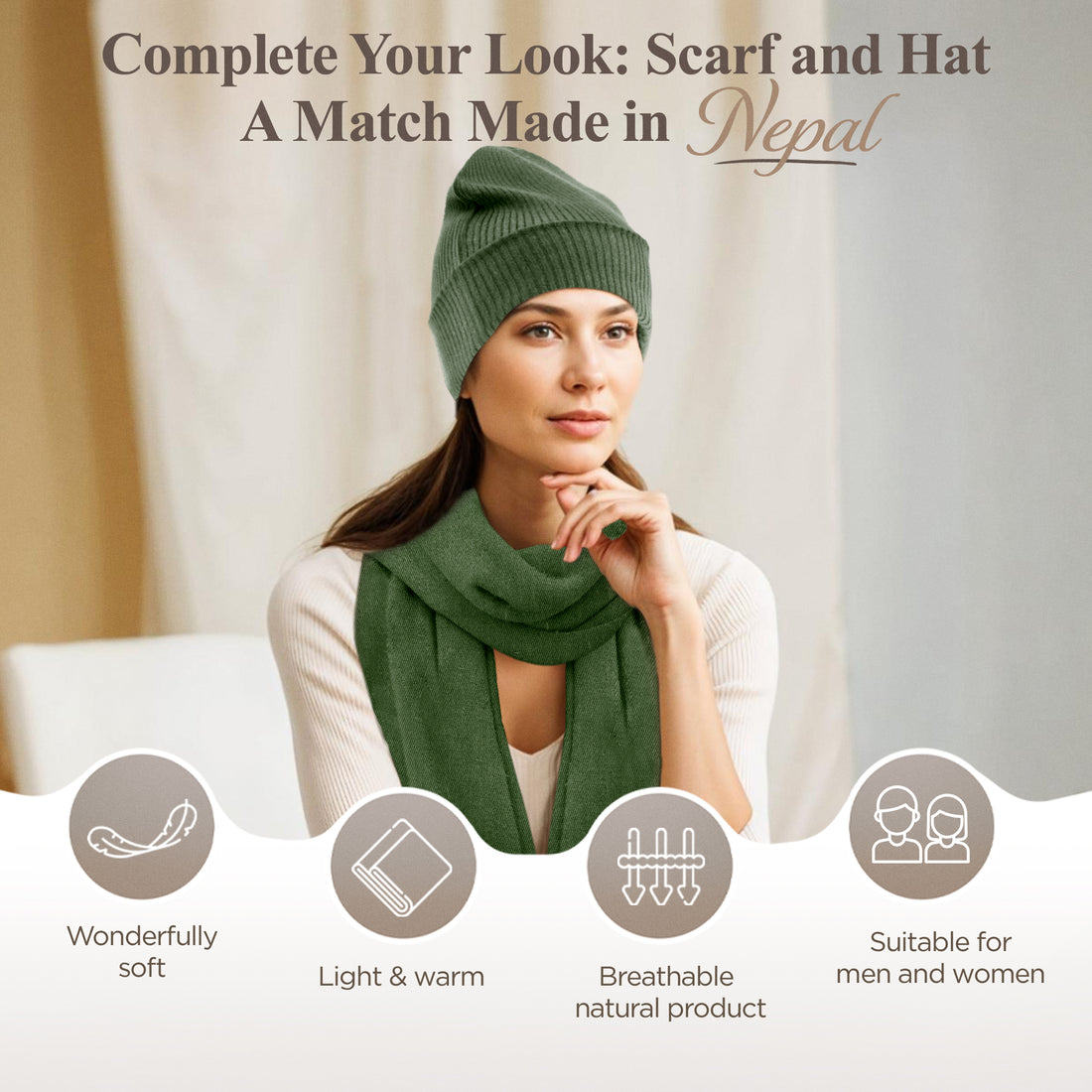 Berretto in cashmere a coste con risvolto - verde scuro 