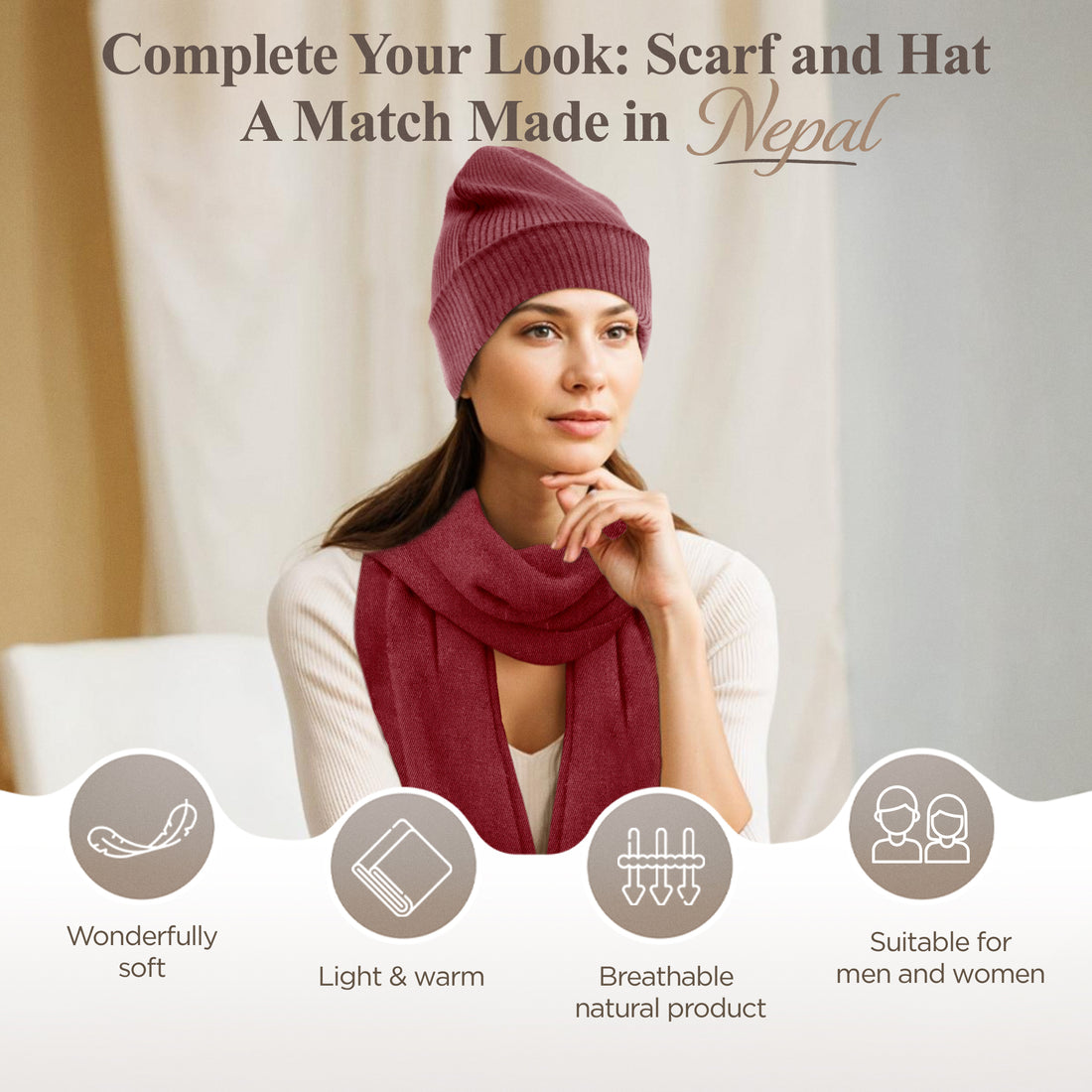 Berretto in cashmere a coste con risvolto - rosso scuro 