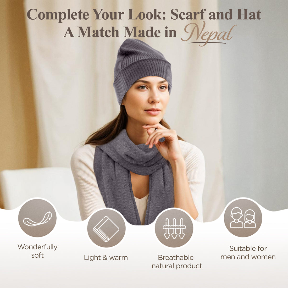 Berretto in cashmere a coste con risvolto - grigio scuro 