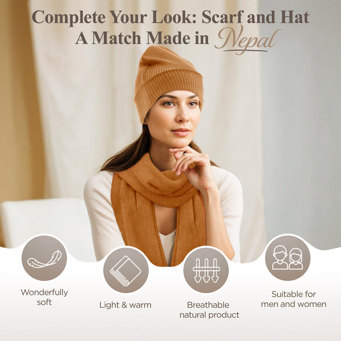 Berretto in cashmere a coste con risvolto - marrone chiaro 