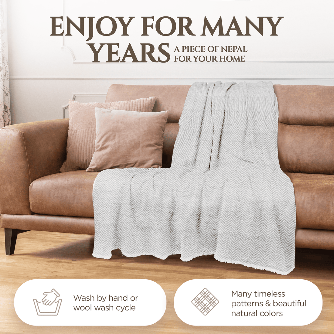 Coperta in cashmere grigio con motivo a grande spina di pesce