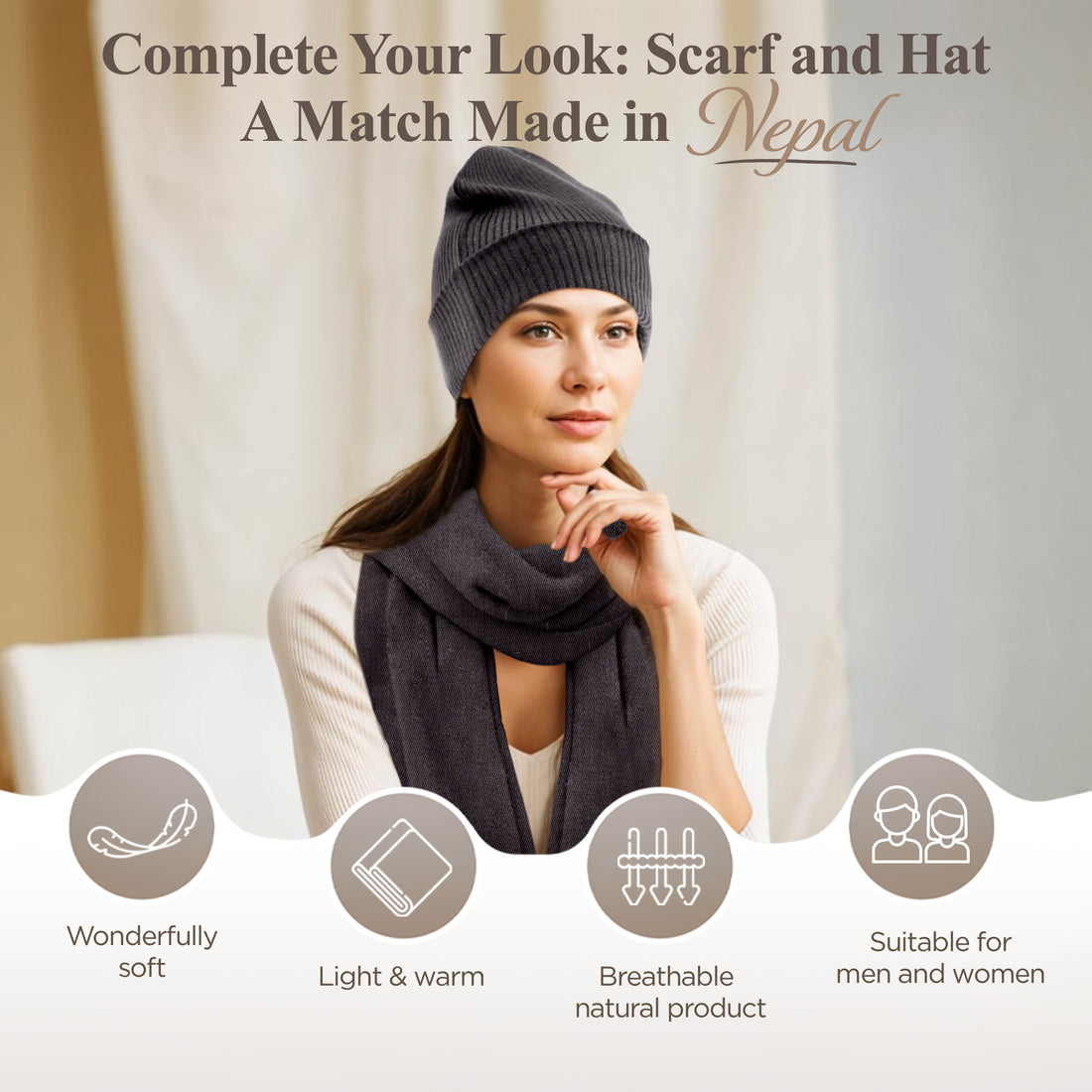 Cappello in cashmere a coste con polsino nero grigio 