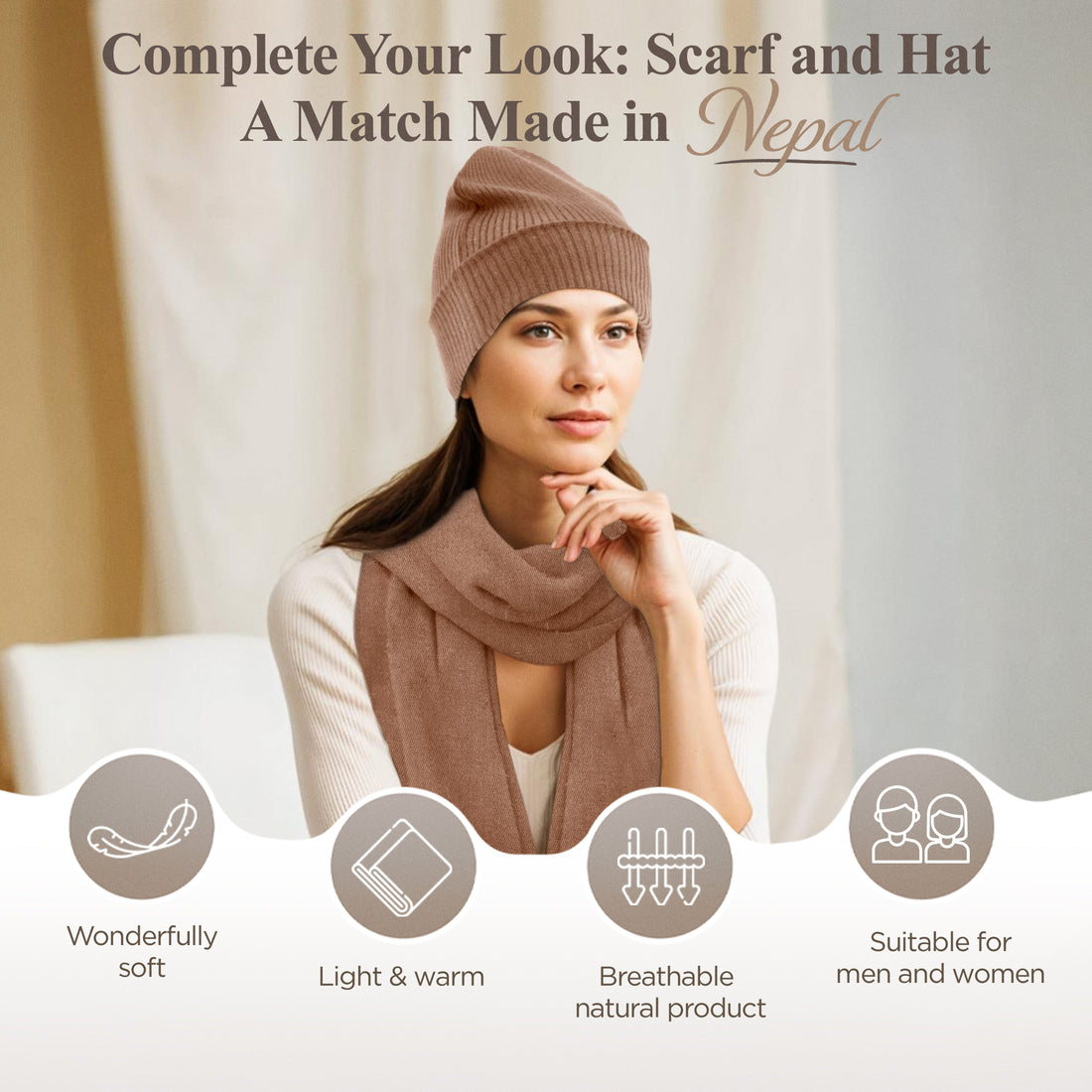 Cappello berretto in cashmere a coste con risvolto marrone 