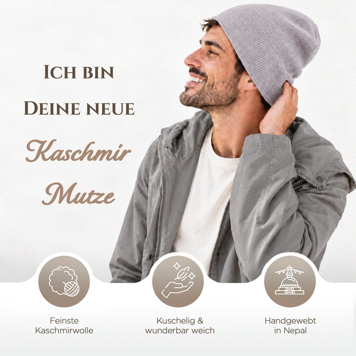 Kaschmirmütze aus 100% Kaschmir – Hellgrau, leicht gerippt