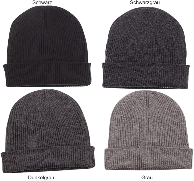 Cappello in cashmere a coste con polsino nero grigio 