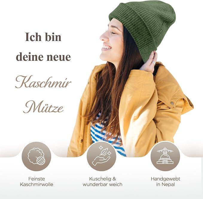 Berretto in cashmere a coste con risvolto - verde scuro 