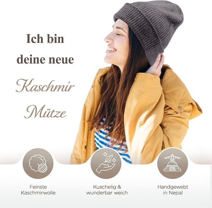 Berretto in cashmere a coste con risvolto - grigio scuro 