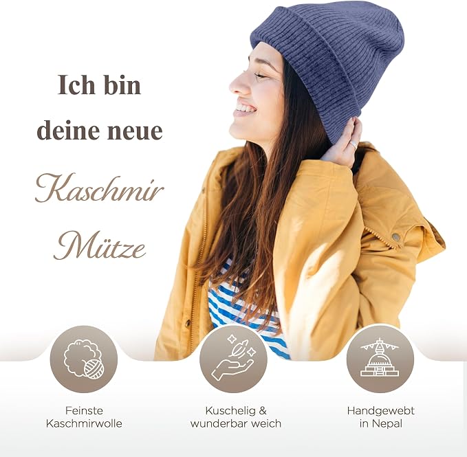 Cappello berretto in cashmere a coste con risvolto blu scuro 