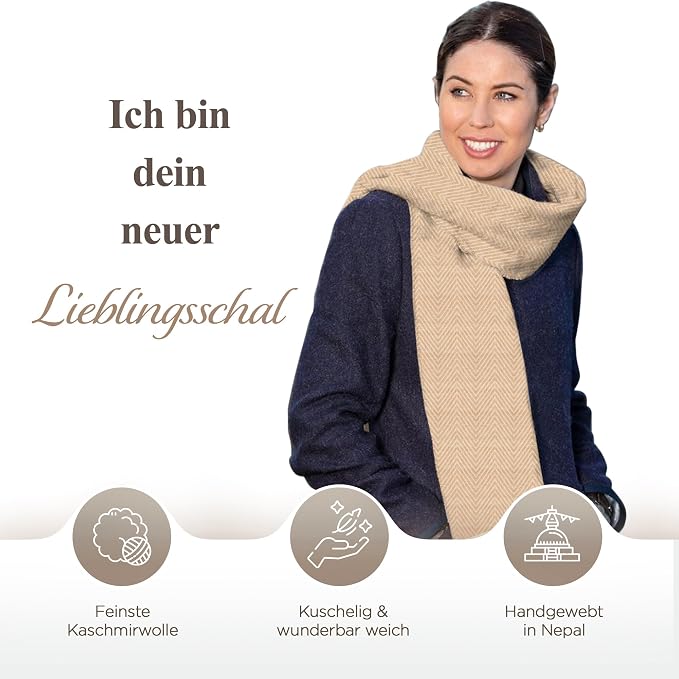 Sciarpa in cashmere beige dorato con motivo spinato medio