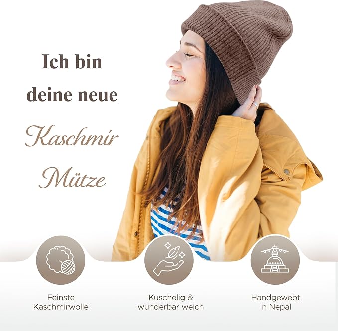 Berretto in cashmere a coste con risvolto - marrone scuro 