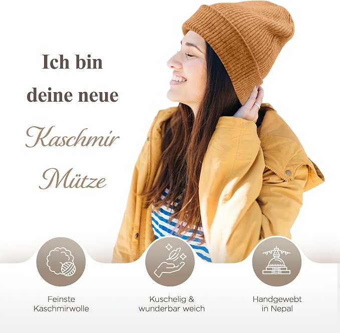 Berretto in cashmere a coste con risvolto - marrone chiaro 