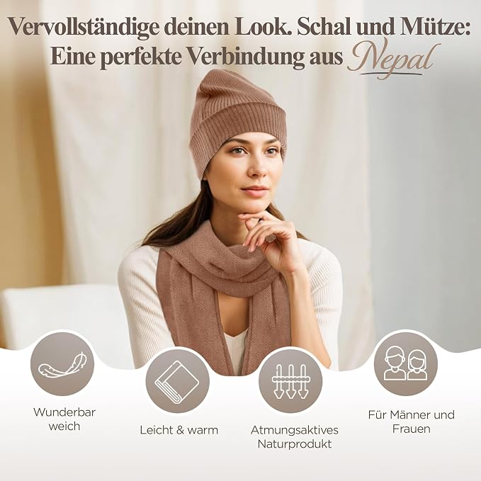 Cappello berretto in cashmere a coste con risvolto marrone 