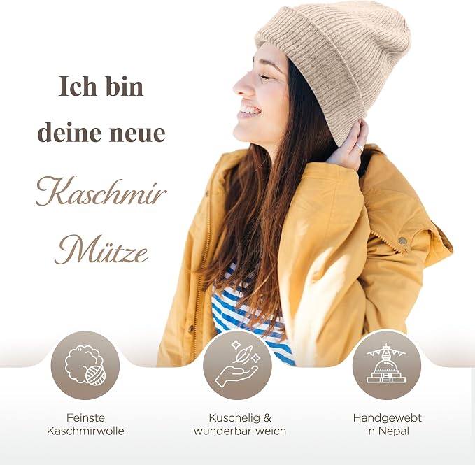 Berretto in cashmere a coste con risvolto - bianco grigio 
