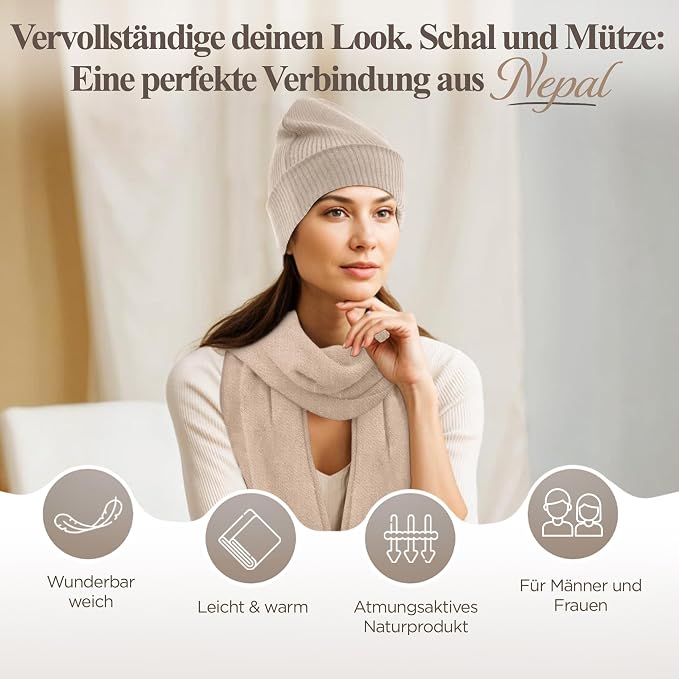 Berretto in cashmere a coste con risvolto - bianco grigio 