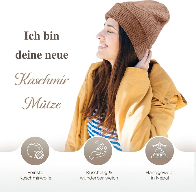 Cappello berretto in cashmere a coste con risvolto marrone 