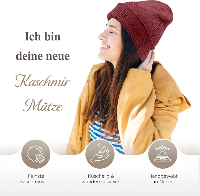 Berretto in cashmere a coste con risvolto - rosso scuro 