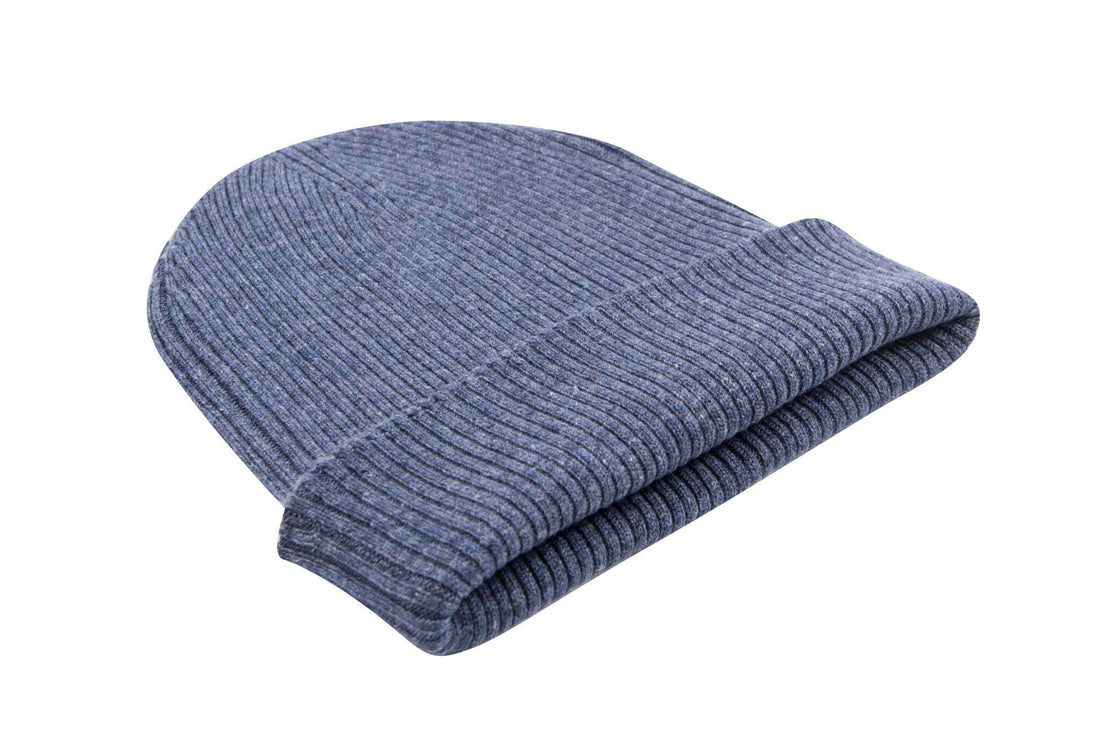 Cappello berretto in cashmere a coste con risvolto blu scuro 