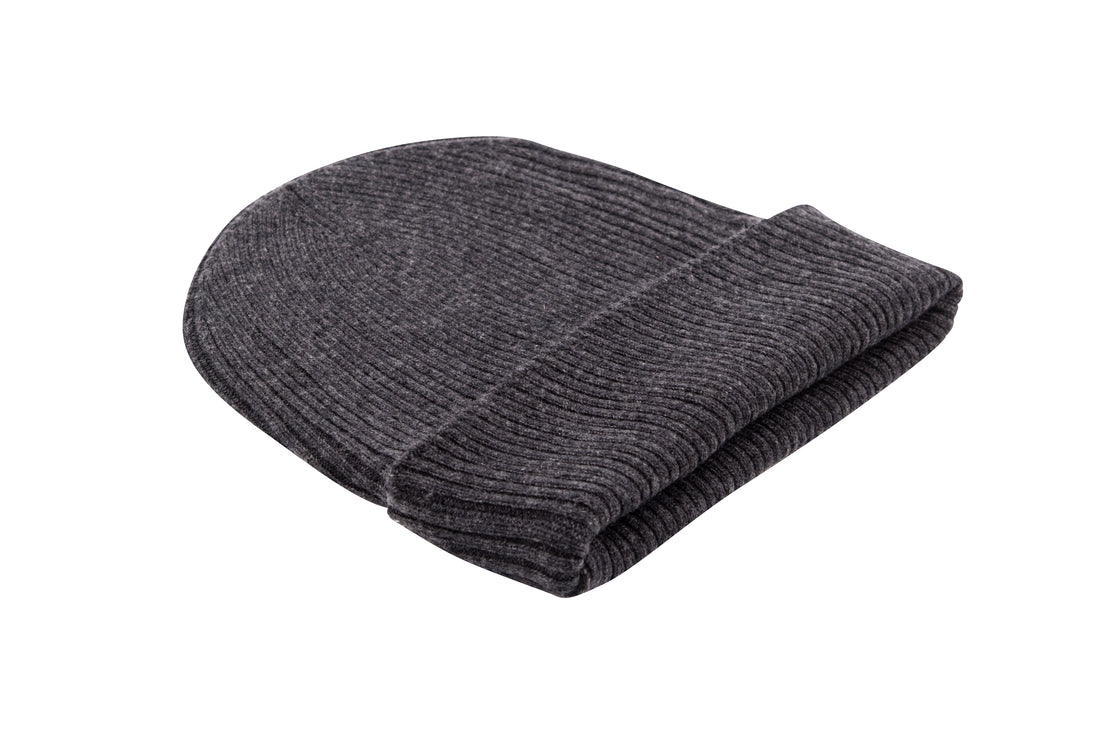 Cappello in cashmere a coste con polsino nero grigio 