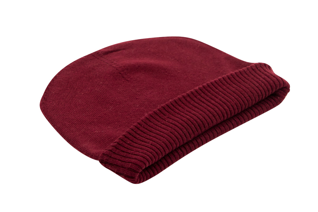 Cappello berretto in cashmere liscio con polsino a coste rosso scuro 