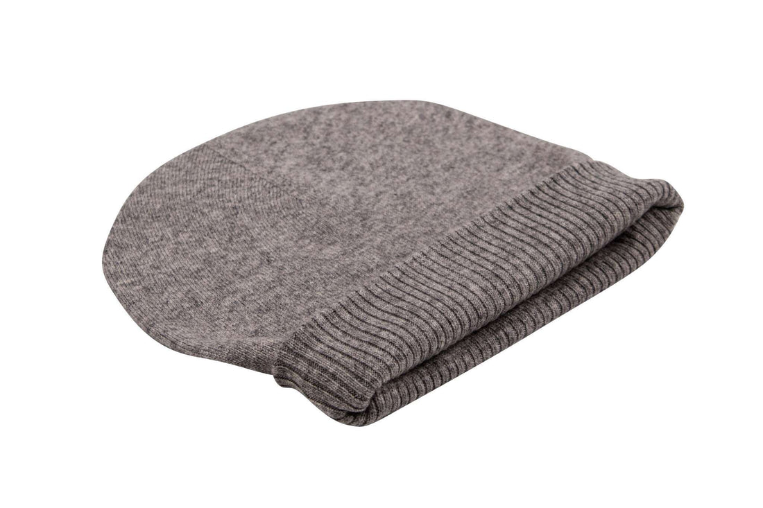 Cappello berretto in cashmere liscio con polsino a coste grigio 