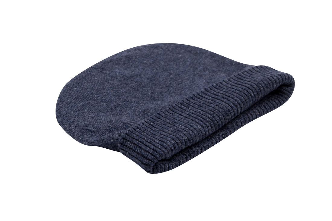 Cappello berretto in cashmere liscio con polsino a coste blu scuro 