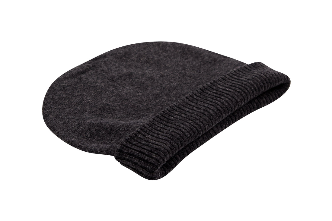 Cappello in cashmere berretto liscio con polsino a coste nero grigio 