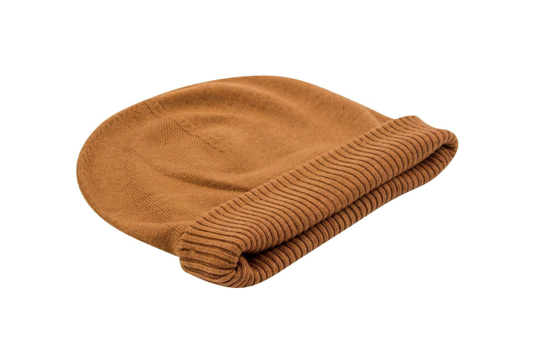 Cappello berretto in cashmere liscio con polsino a coste marrone chiaro 