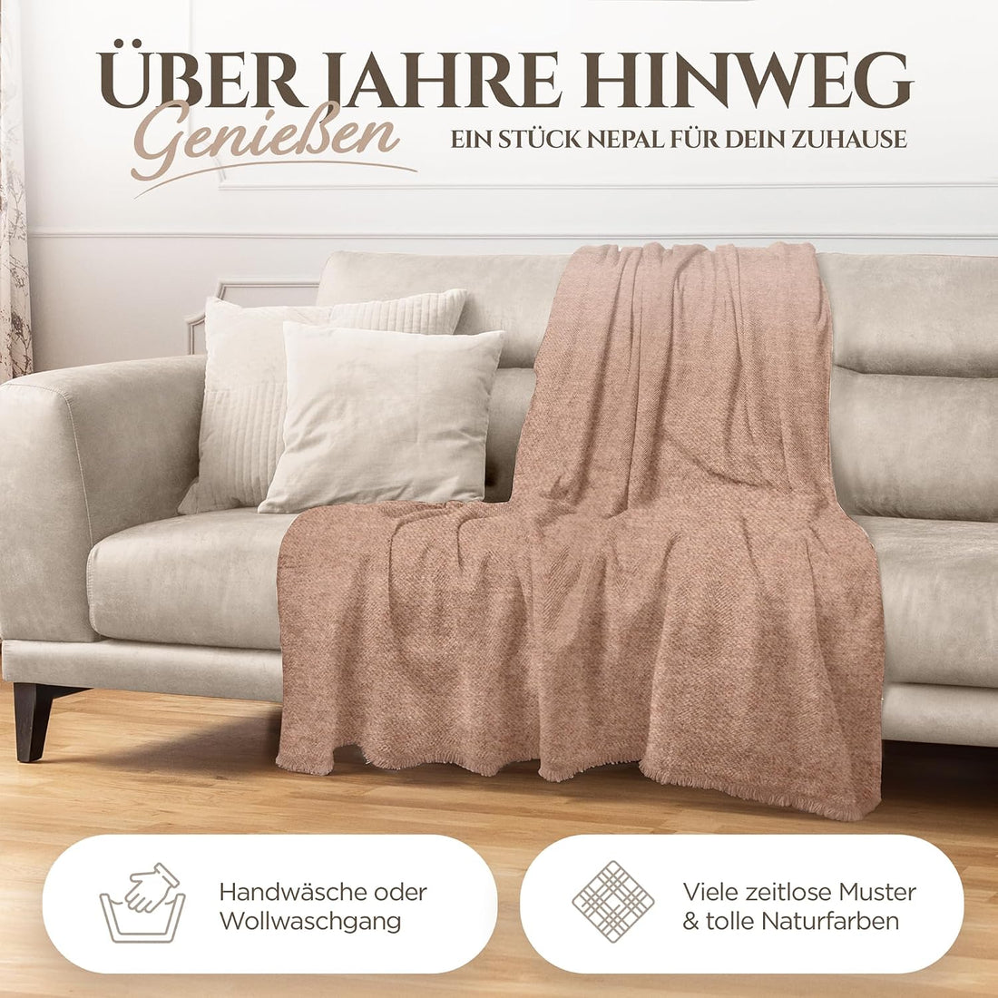 Coperta in cashmere marrone tinta unita